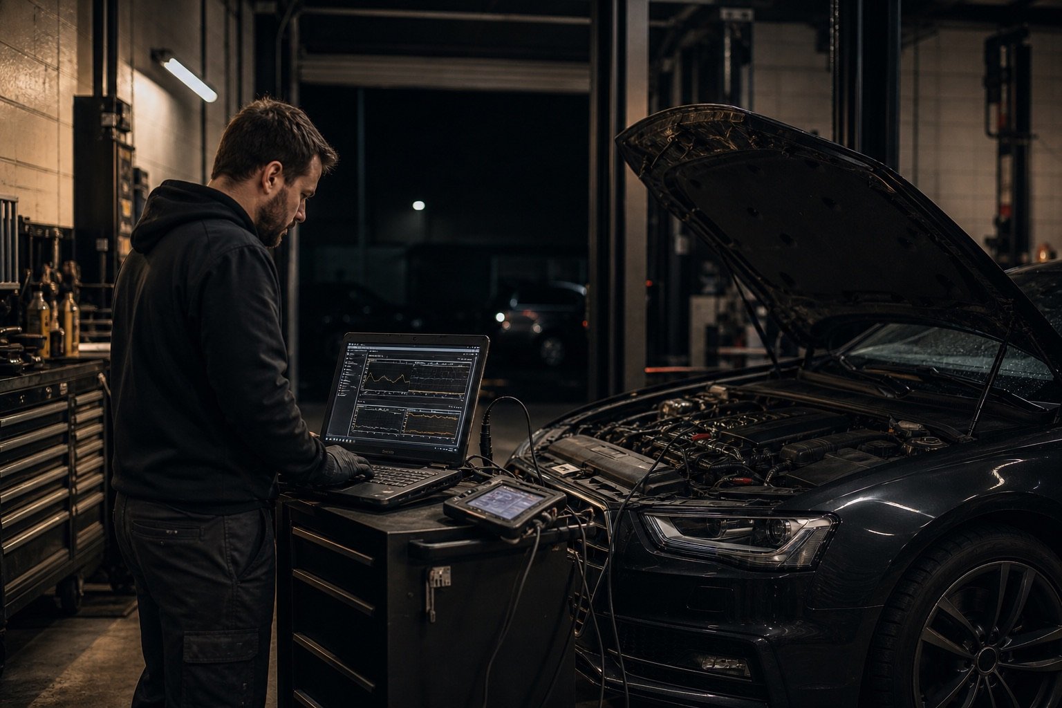 Technician reviewing diagnostic data beside an open engine bay
