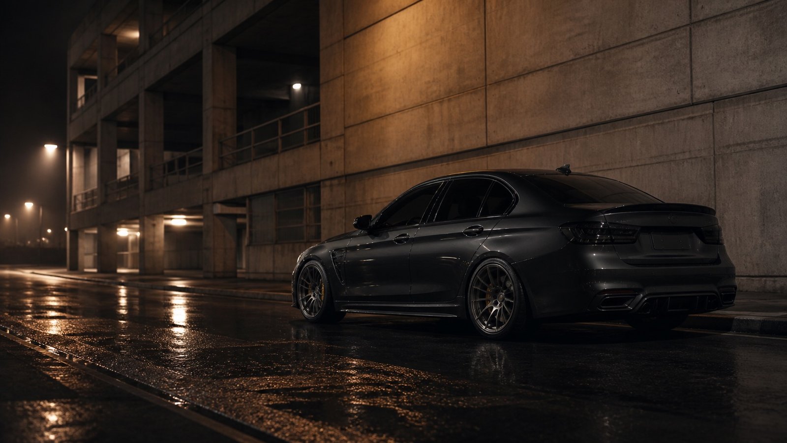 Finished graphite sport sedan on a rain-darkened street at night