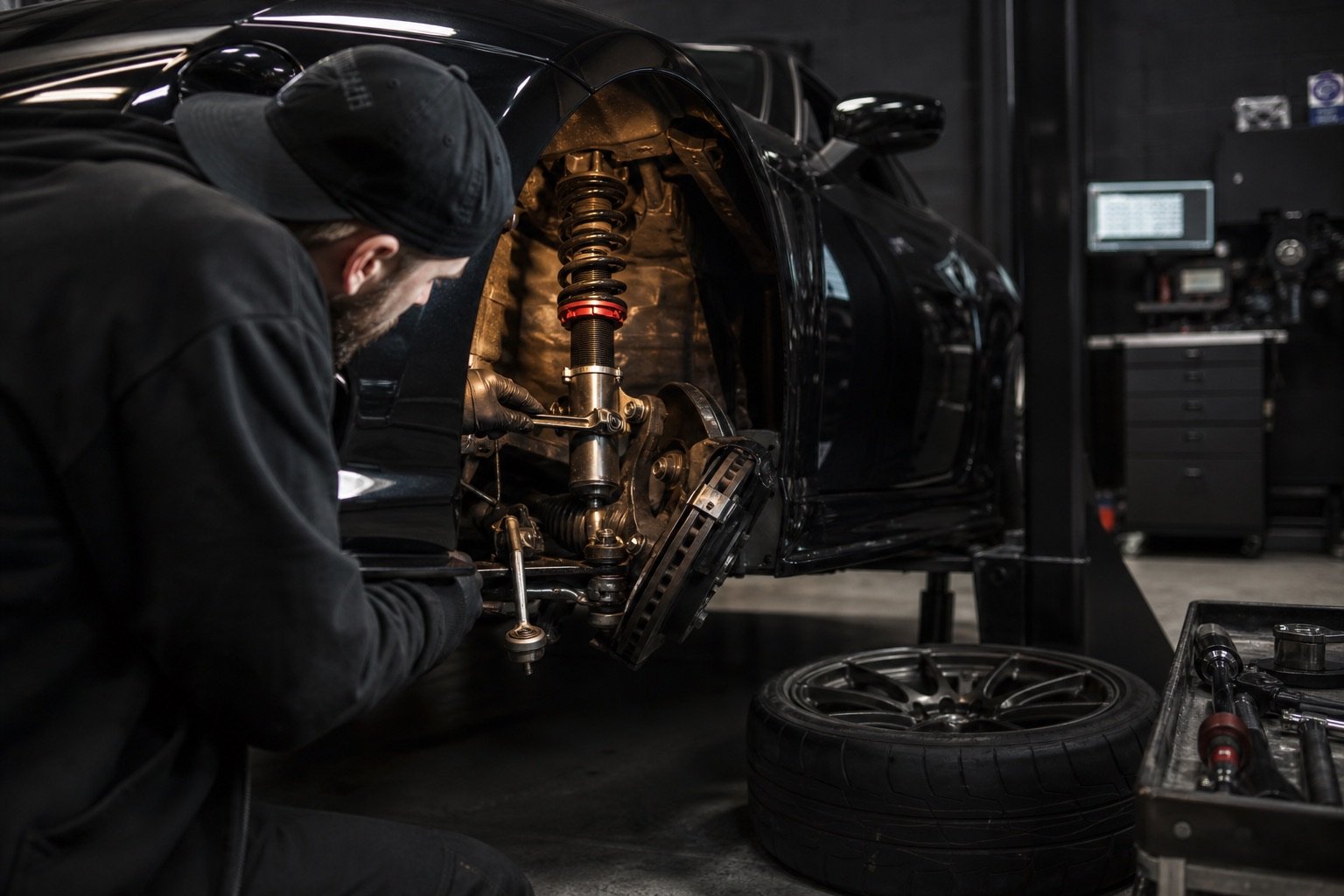 Technician making a careful suspension adjustment