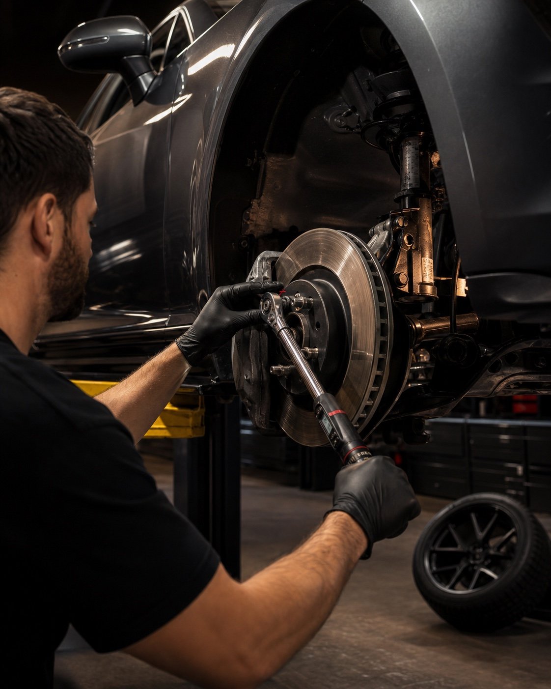 Technician completing a final torque check on brake and suspension hardware